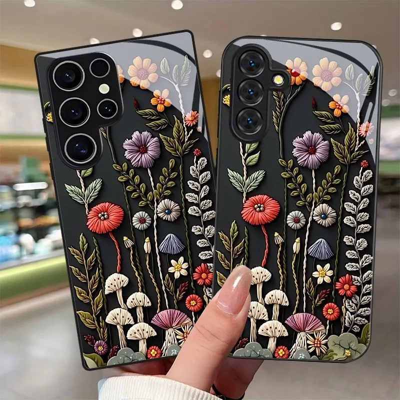 Colorful flower pattern tempered glass phone case suitable for Samsung Galaxy S26 S25 S24 S23 S22 S21 S20FE/Ultra/Plus anti drop