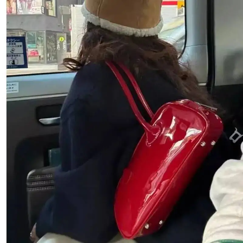 Bloom Red Underarm Purse Women High Street Hot Girls Patent Leather Casual Handbag Female Vintage Bowling Bag Aesthetic
