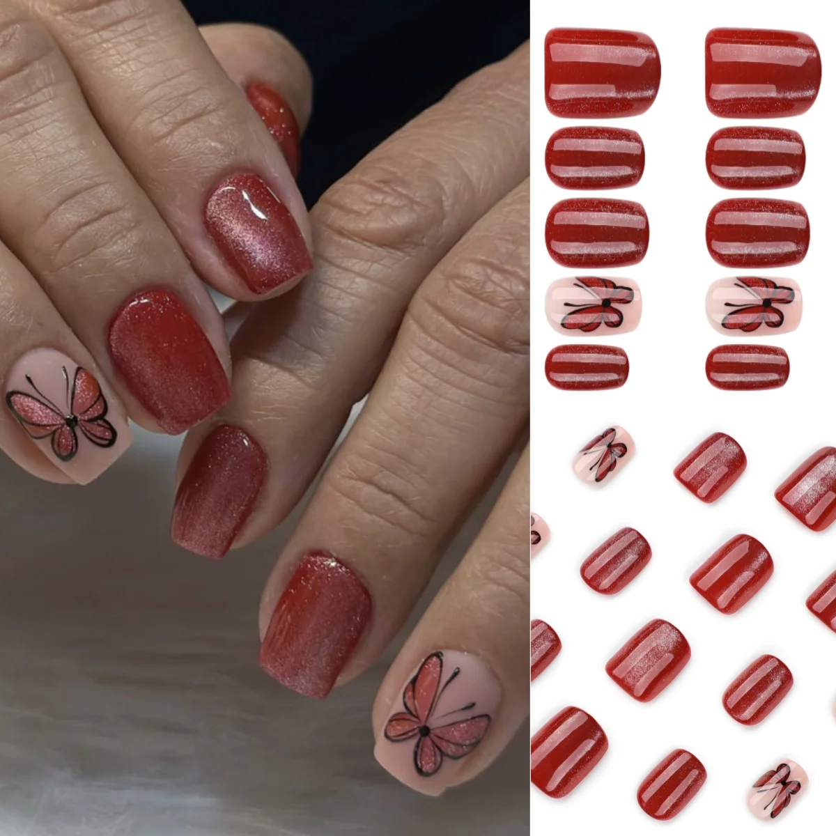 

Французская бабочка, красный кошачий глаз, блестящая пудра, накладные ногти, съемные короткие круглые ногти с полным покрытием, накладные ногти, пресс на ногтях