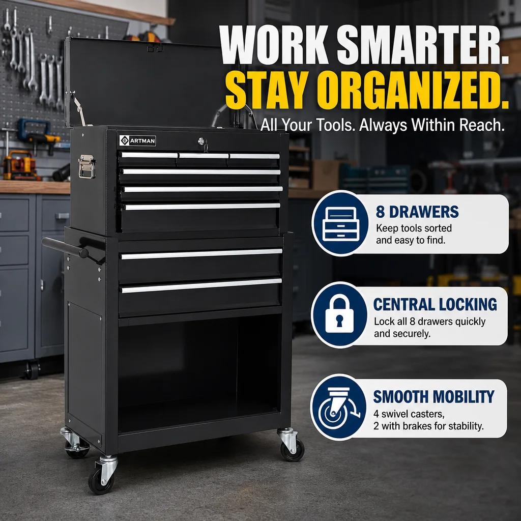 High Capacity 8 Drawer Rolling Tool Chest, Detachable Lockable Top Box, Ball Bearing Slides, Central Locking System, Heavy Duty Powder Coated Steel, 4 Swivel Casters, 2 with Brakes, Mobile Workshop Cabinet, Black