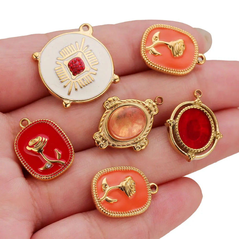 4pcs Stainless Steel Charms Base Enamel Flower Round Rectangle Anklet Pendants DIY Earrings Necklaces Jewelry Making Accessories