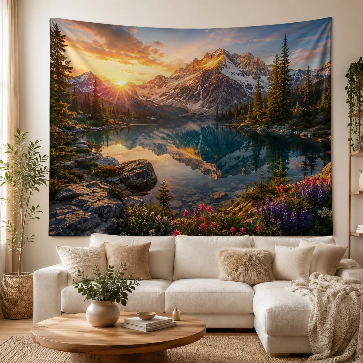 Mountain Lake Sunset Tapestry Pine Forest Scenic Landscape Wall Hanging Nature Wall Decor for Bedroom