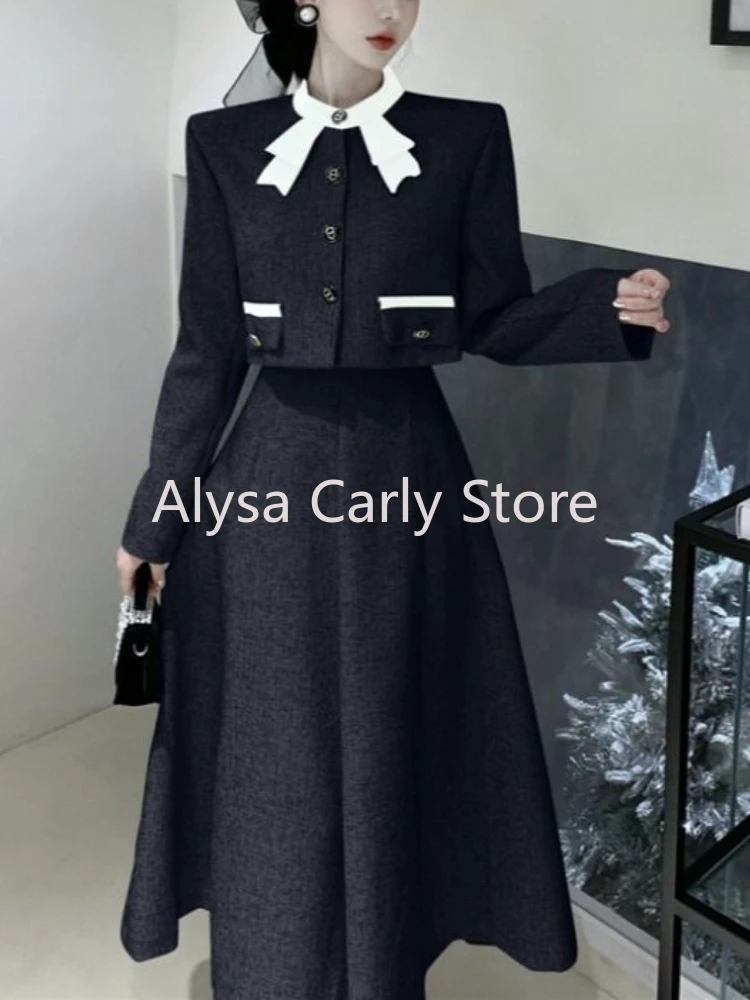 Korean Elegant Two Piece Set Women Autumn Chic Bow Coat Folds Midi Skirt Set Vintage Office Lady Formal Occasion Party Skirt Set