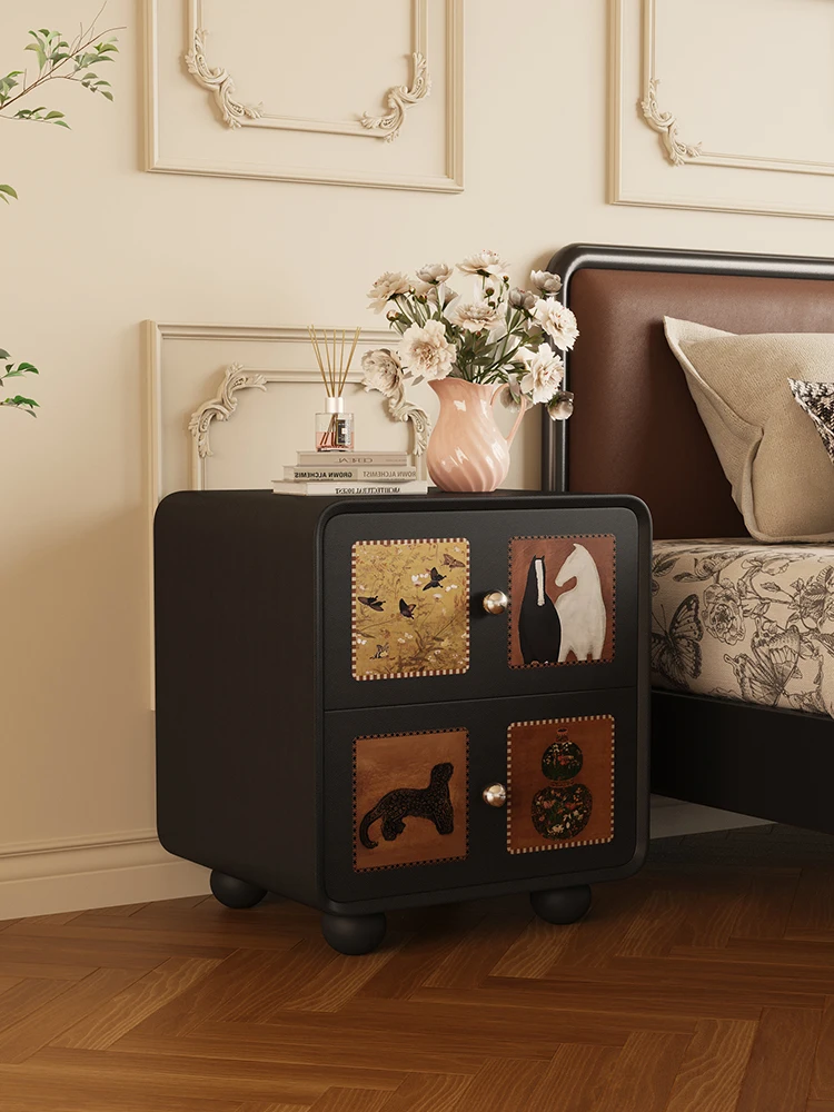 خزانة بجانب السرير إبداعية عتيقة لغرفة النوم المنزلية، خزانة تخزين سوداء، طاولة بجانب السرير من الخشب الصلب #2