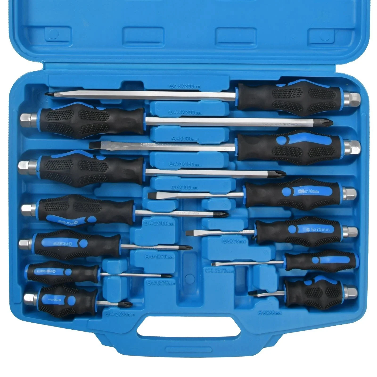 1 set di 12 cacciaviti professionali, con punta magnetica, a croce e a taglio, in acciaio al cromo-vanadio, per impieghi gravosi, con custodia.