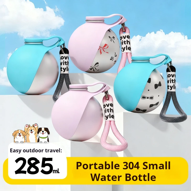 

Portable 304 Stainless Steel Foldable Dog Water Bottle with Built-in Sink Ball Shape Reversible Foldable Sink with Lanyard