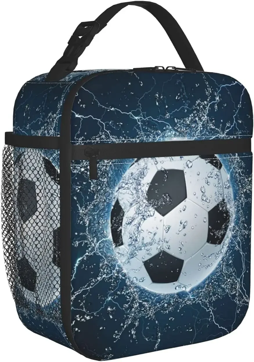 Soccer Ball on Water Printed Lunch Bag Insulated Lunch Box Cooler Tote for Office Work