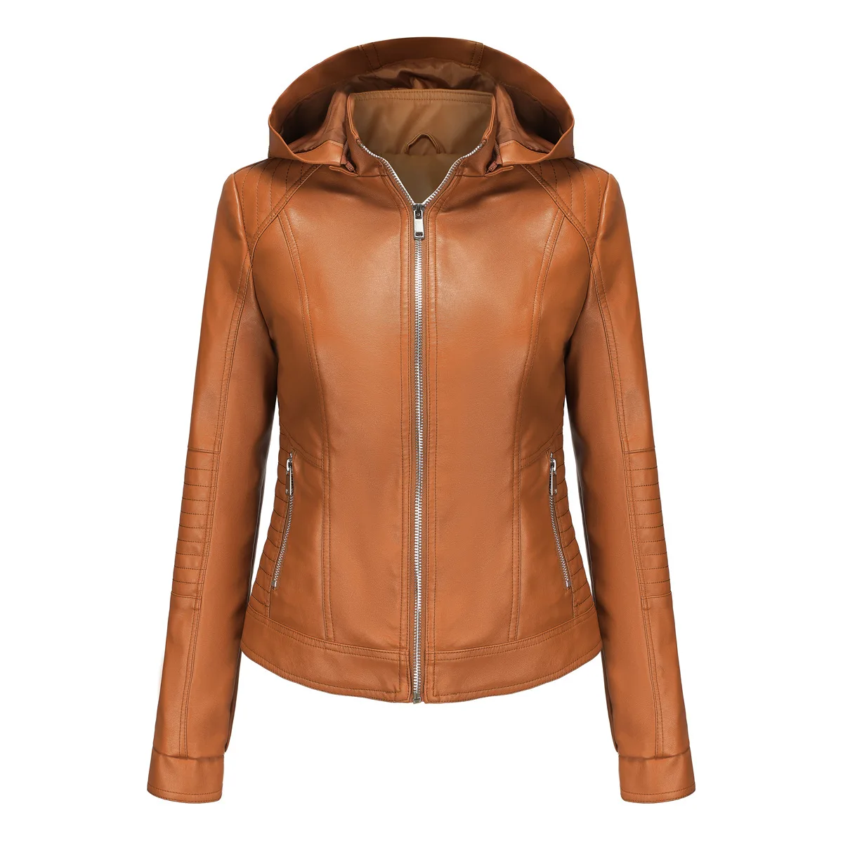 Women's Hooded Leather Coat with Detachable Hat, Windproof Casual Jacket, Motorcycle Punk Rock Sports Coat, This year's trend