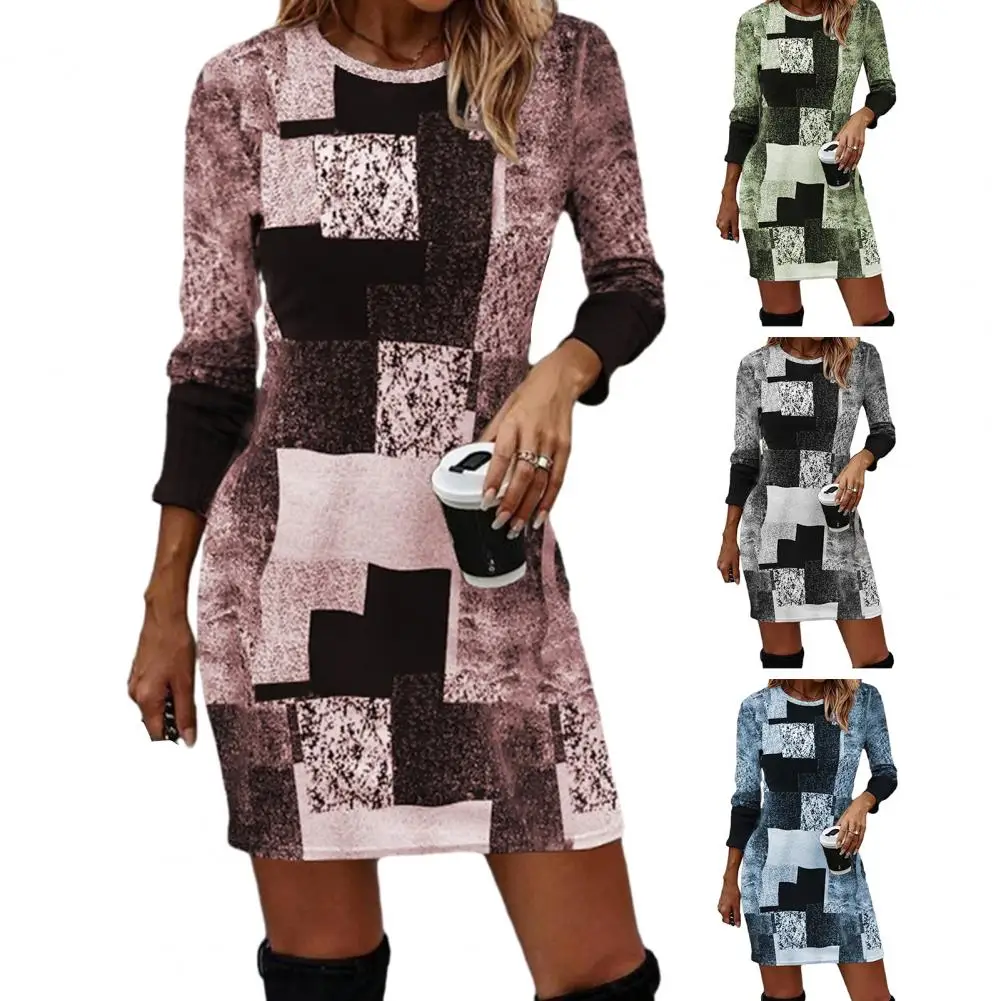 

Long Sleeve Dress Geometric Print Long Sleeve Mini Dress for Women Slim Fit O-neck Casual Streetwear Spring Autumn Fashion