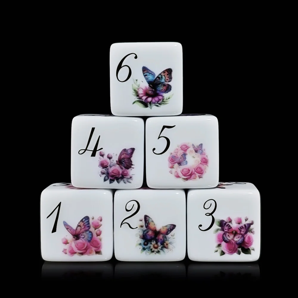 12Pcs 16MM D6 Printed Acrylic Floral Themed DND Dice Cute Pink Rose Butterfly 1-6 Sided Party Gaming Home Decor Festival Dice