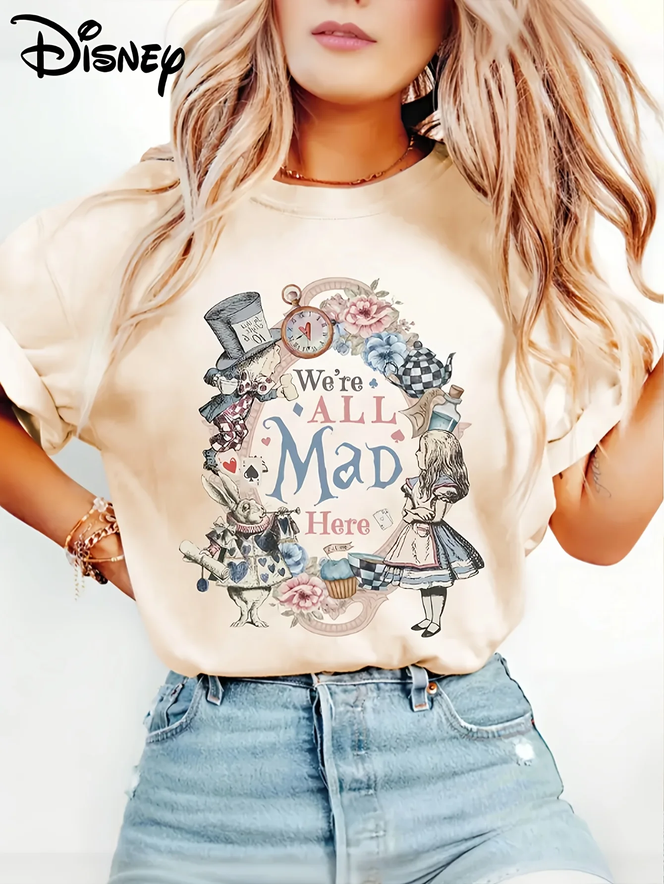 تي شيرت ديزني النسائي أليس في بلاد العجائب - مطبوع عليه Mad Hatter للرجال والنساء برسوم كرتونية رياضية ترفيهية بأكمام قصيرة