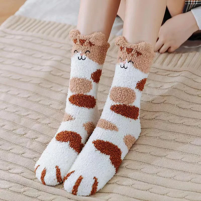 Calcetines de lana de Coral para mujer, medias largas gruesas con diseño de Pata de Gato en 3D, animales de dibujos animados Kawaii, calcetines