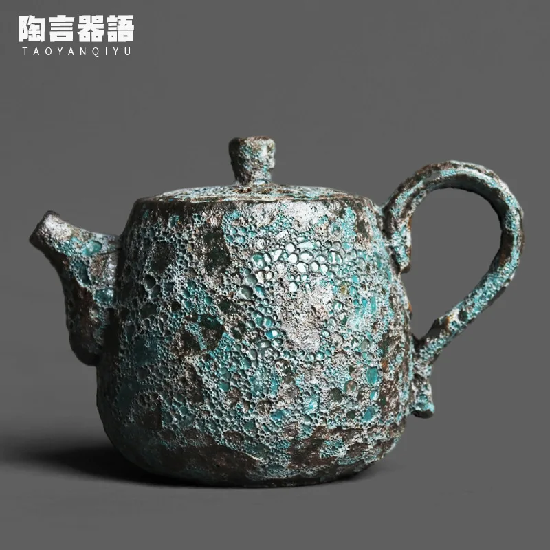 

Vintage pottery bronze pattern wormhole hand-held teapot Kung Fu tea ceremony antique Chinese tea maker single teapot