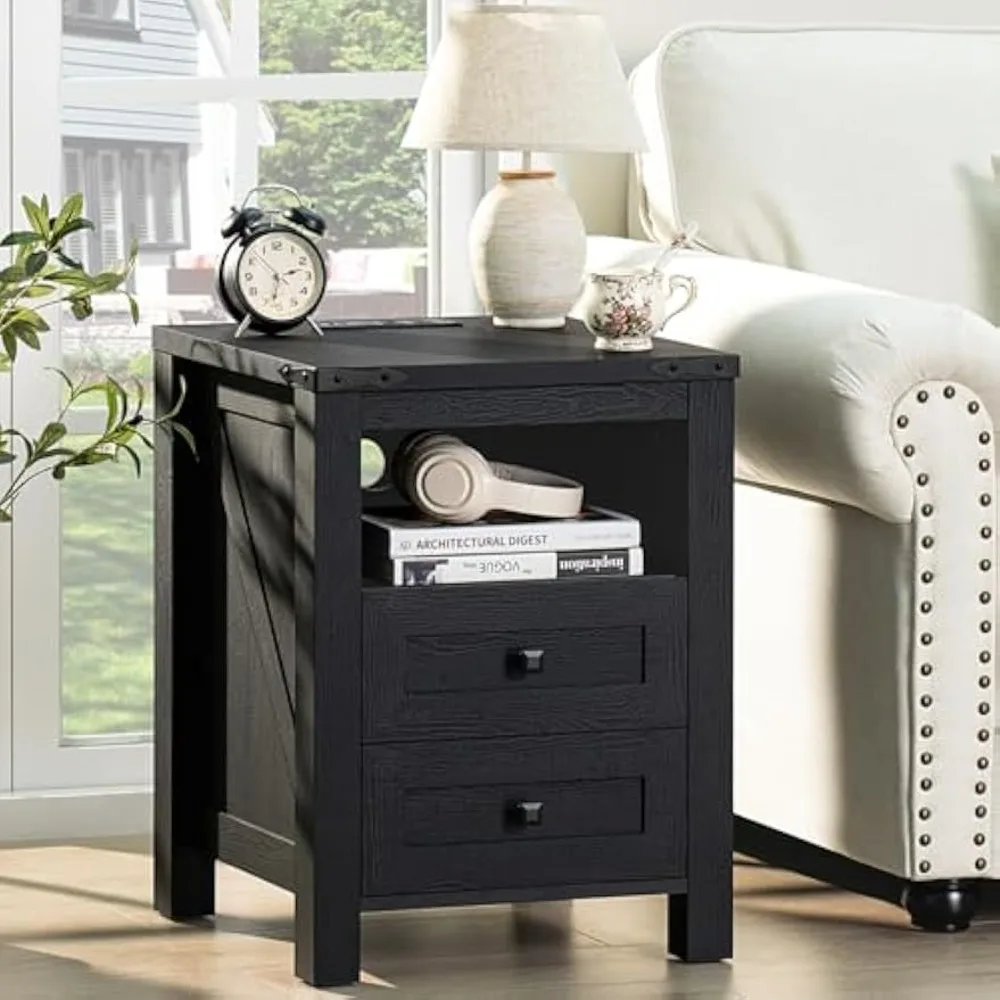 

Nightstands Set of 2 with Charging Station, Farmhouse Night Stand with 2 Drawers and Shelf Storage, Wooden Nightstands Set