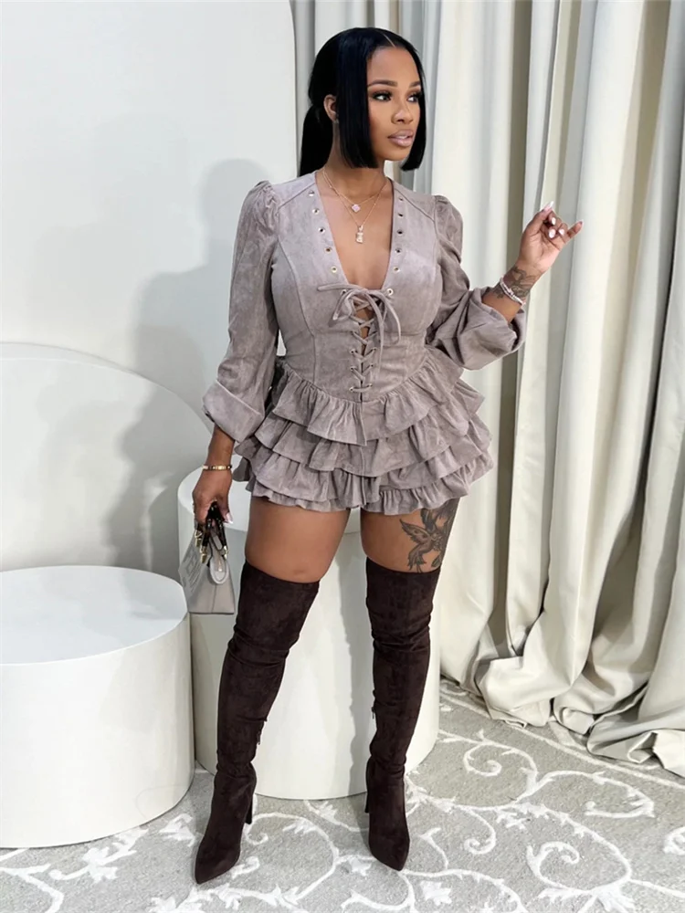 Bizarre Puss shirring Robe Femmes Classique Tierred Ourlet Plein Manches Profonde Col V Maigre Sexy Minuit automne Prom Party Mini Moulante