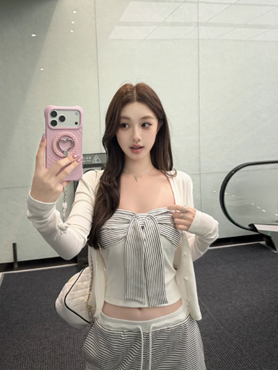 

Pure Desire Sweet Spicy Striped Tie Waist Vest Women's Spring Design Sense Tube Top Sleeveless Long Sleeve Open Cardigan Two ...