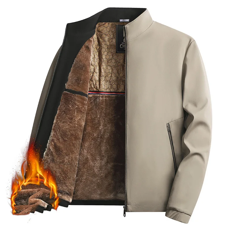 

Man Plush Jacket Winter Thicken Fleece Warm Solid Color Male Outerwear Stand Collar Long Sleeve Zipper Business Casual Men Coat