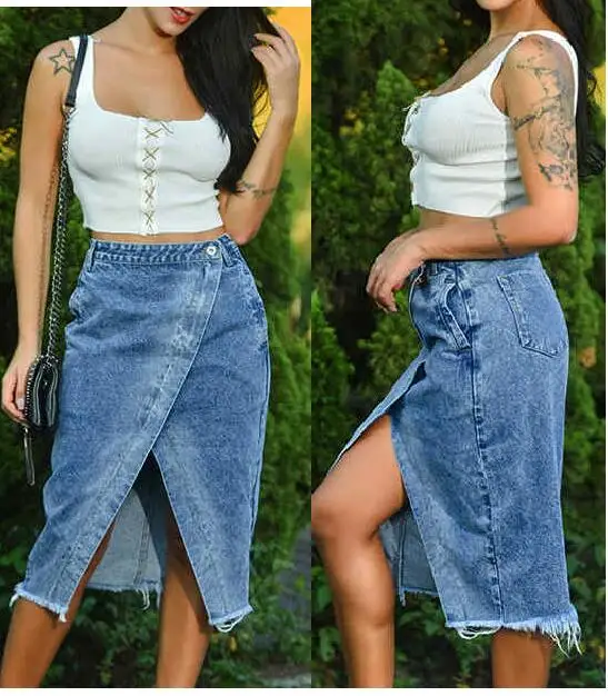 Women's Denim Skirt with Burr Edge, Tight Jean Skirt, Irregular Tassel, High Waisted, Medium Length Skirts