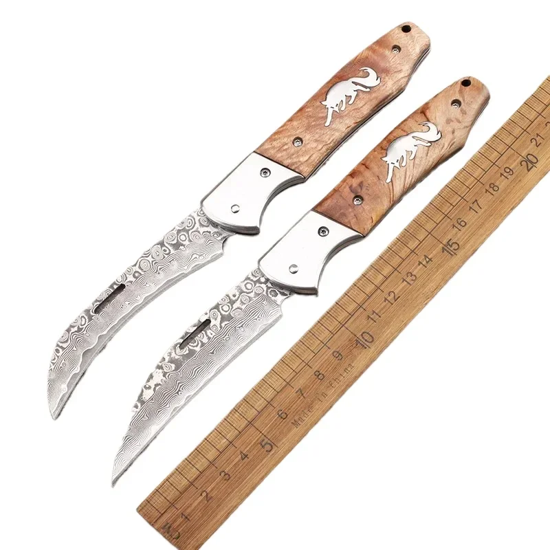 Shadow Wooden Handle Folding Blade Knife Damascus Steel Outdoor Camping Survival Pocket Knifes Hand Tools For Traveling