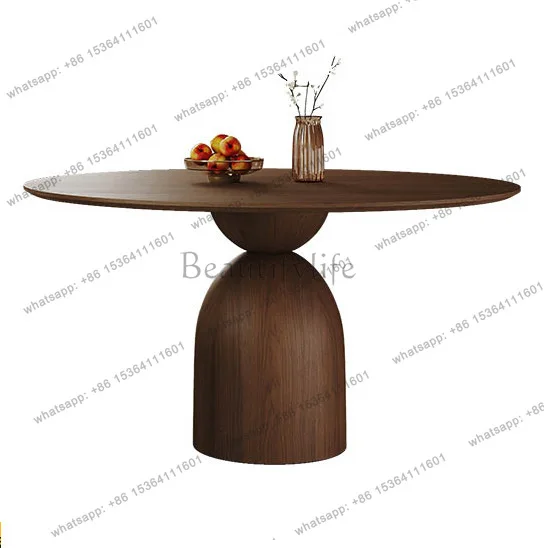 Medieval solid wood round dining table turntable French retro walnut round table home designer dining table