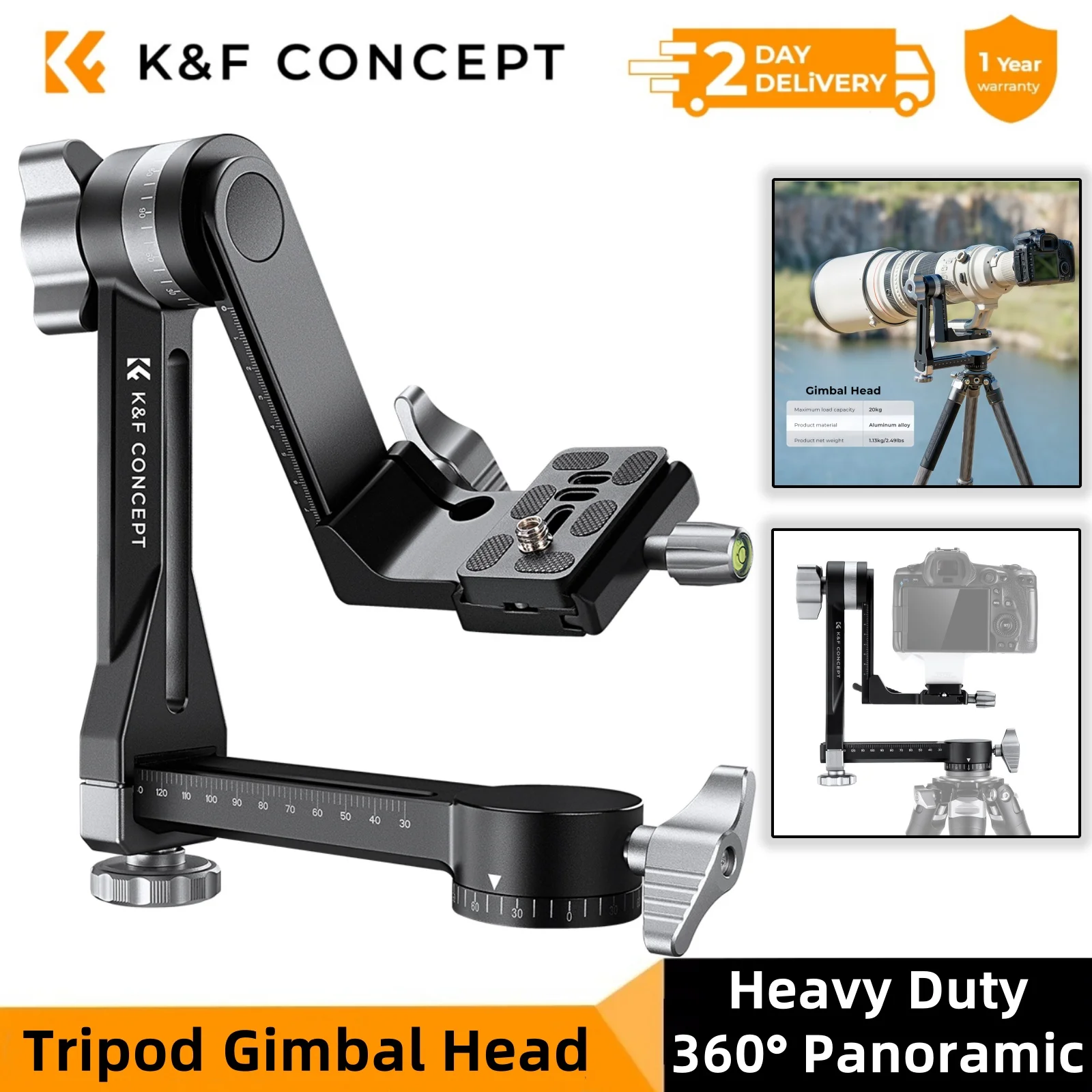 K&F Concept Tripod Gimbal Head Aluminium Alloy Heavy Duty 360° Panoramic Head with 1/4