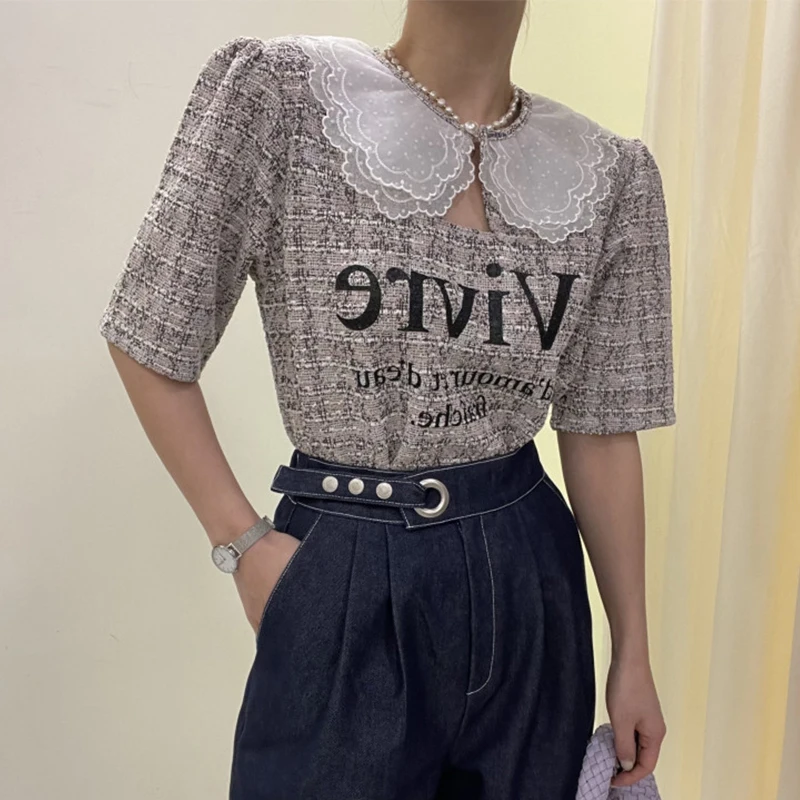 Retro Chic Blütenblatt Kragen Hohl Gestrickte Brief Drucken Lose ort Sve irt frauen Top Pendeln Sle Frühling Sammlung