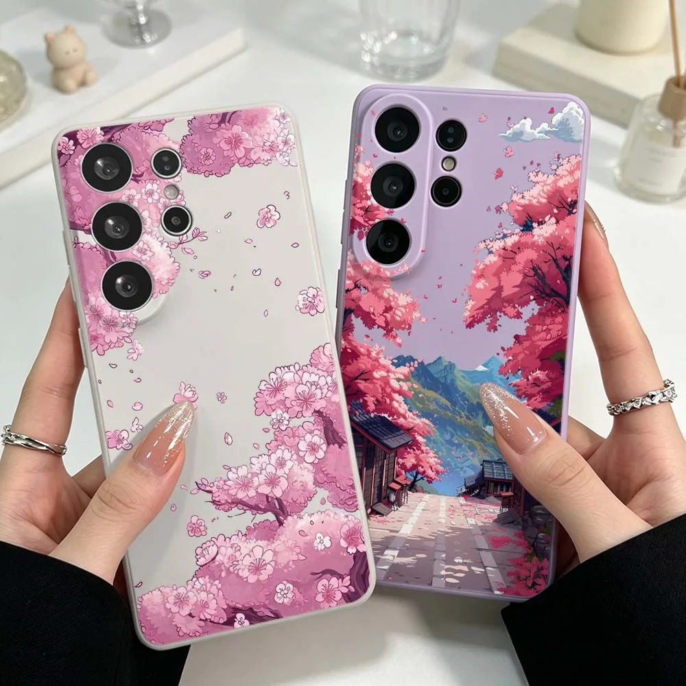 Scene Pink Cherry Blossoms For Samsung Galaxy S26 S25 S24 S23 S22 S21 Ultra Plus FE Soft Silicone Liquid Phone Case Cover