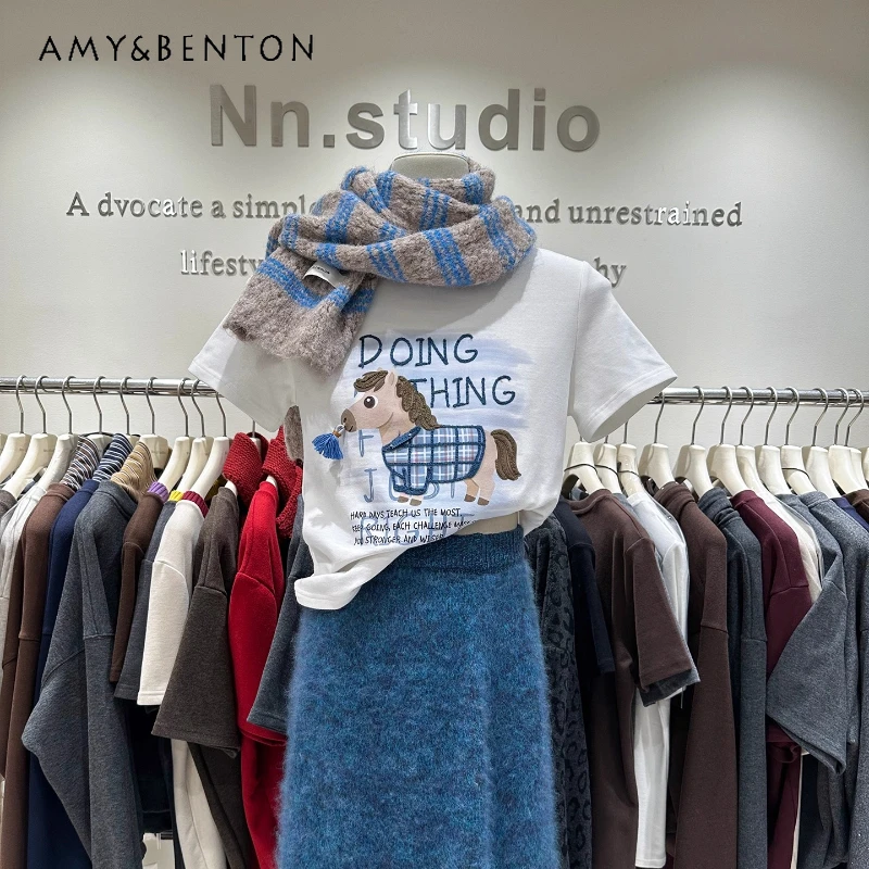 

Atmosphere Thickened Brushed Cotton Short Sleeved T-shirt For Women's Cartoon Stylish Youthful Regular Shoulder Short Top Tshirt