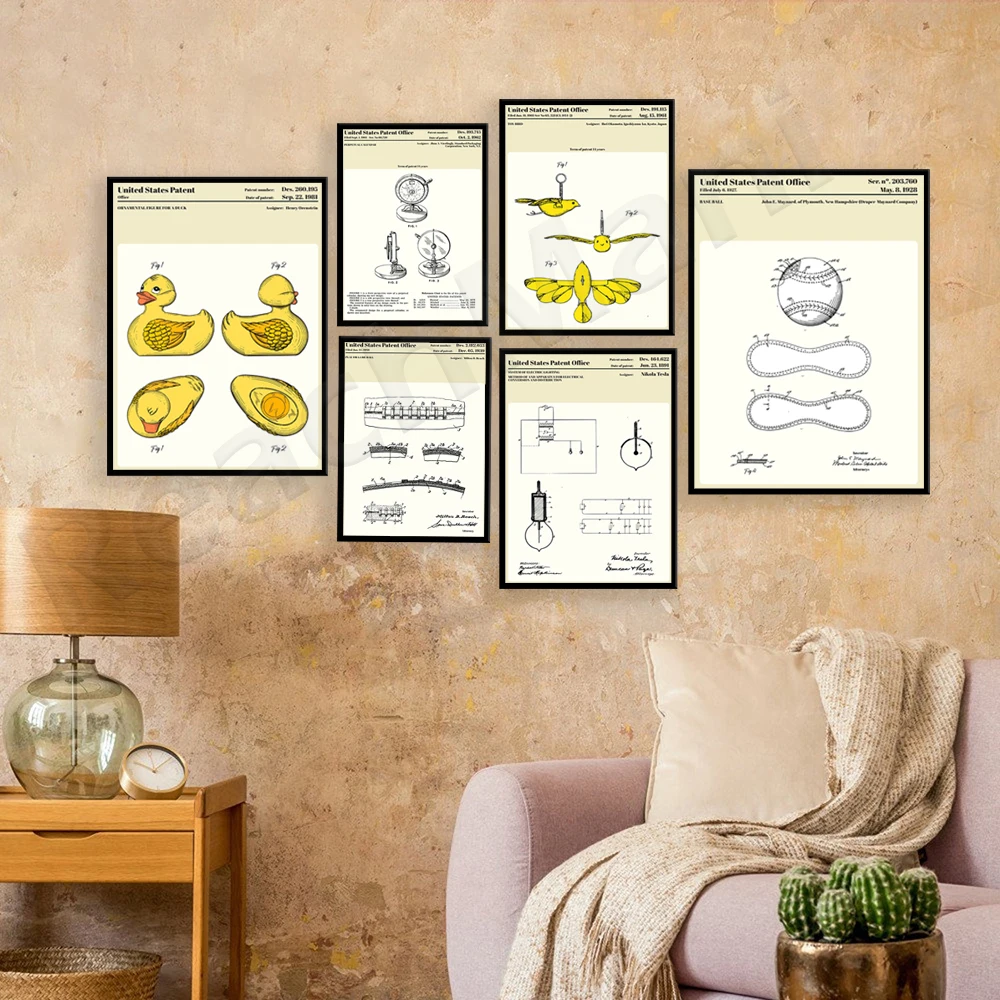 Perpetual calendar, football, baseball, toy bird rabbit duck, toothbrush, toilet paper, playground, lamp holder patent poster