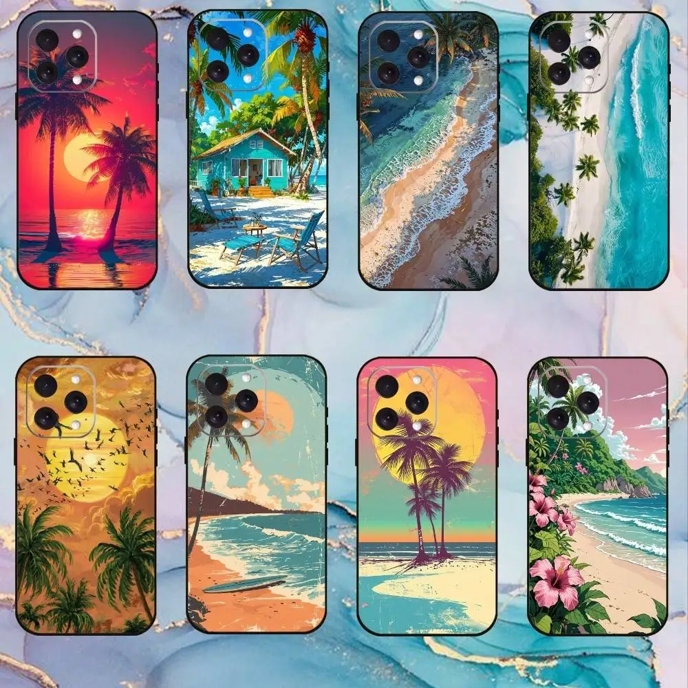 

Beach landscape Palm Trees Phone Case For iPhone17,16,15,14,13,12,11 Plus,Pro Max Soft Black Cover