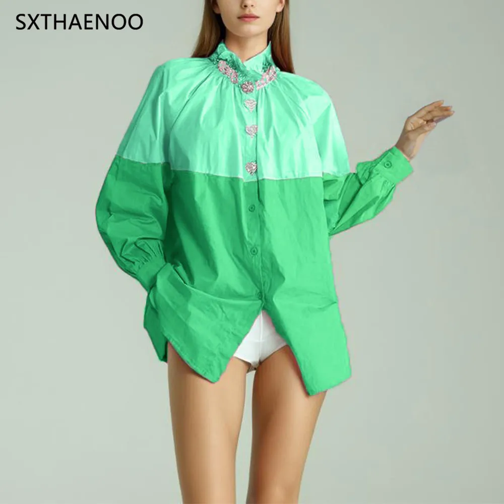 

SXTHAENOO Autumn Women's Elegant Ruffle Neck Tops Autumn Patchwork Long Sleeve Shirt Pearl Buttons Top Office Lady Fashion Blous