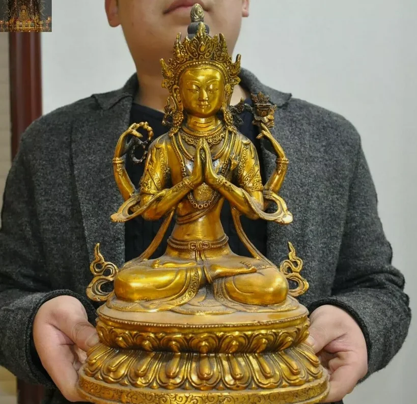 Old Tibetan Buddhism Bronze gilt 4 Arms Chenrezig Kwan-yin Guanyin Buddha Statue