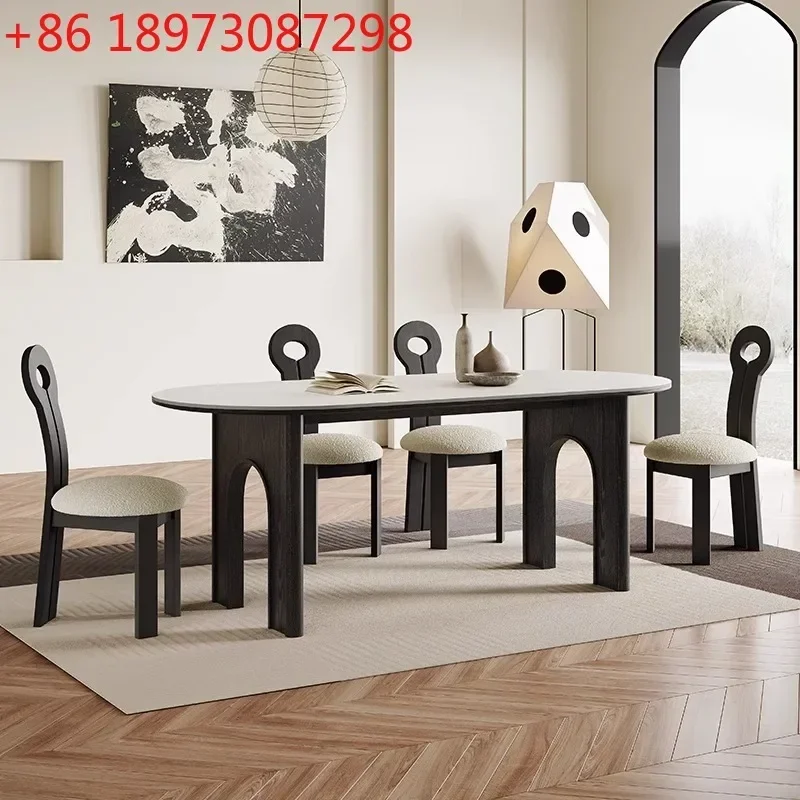 

Retro solid wood dining table rectangular French medium and ancient style home light luxury high-end rock slab table