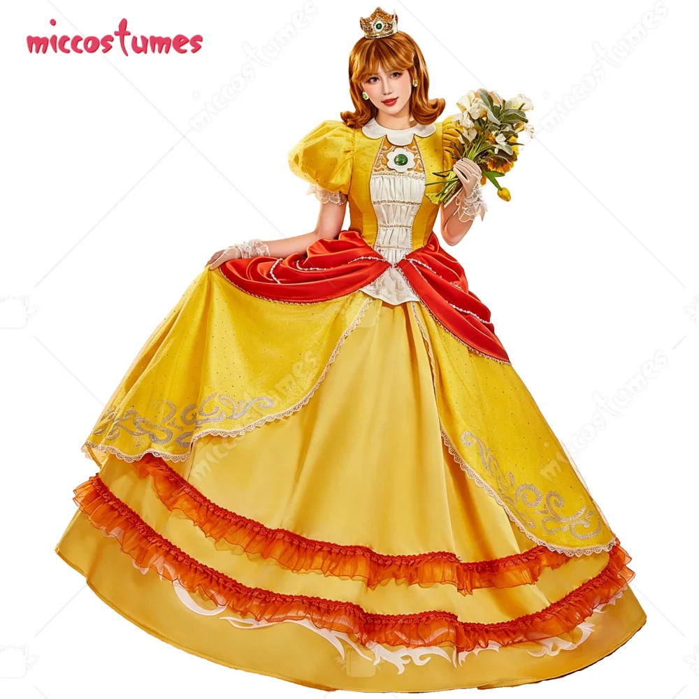 【Versandbereit】Miccostumes Damen Prinzessin Gelbes Cosplay-Kostüm Luxuriöses Kleid mit Handschuhen für Halloween