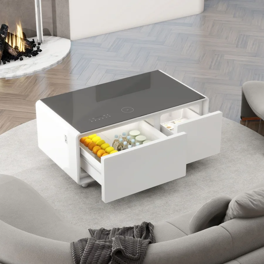 Modern Smart Coffee Table with Built-in Fridge Bluetooth Speaker Wireless Charging Touch Control Panel USB Ports Outlet Protect