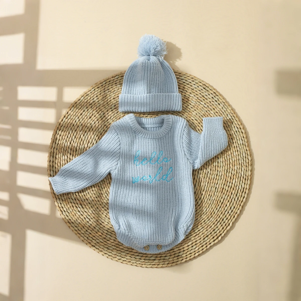 Ylsteed Hello World Knitting Newborn Photography Romper with Matching Pomp Hat Baby Boy Girl Sweater Outfits for Photo Shooting image 5