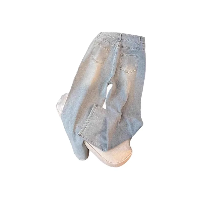 2025 calças jeans resistentes de verão feminino – cintura alta luz lavagem estrela strass, calças retas de perna larga drapeadas emagrecimento