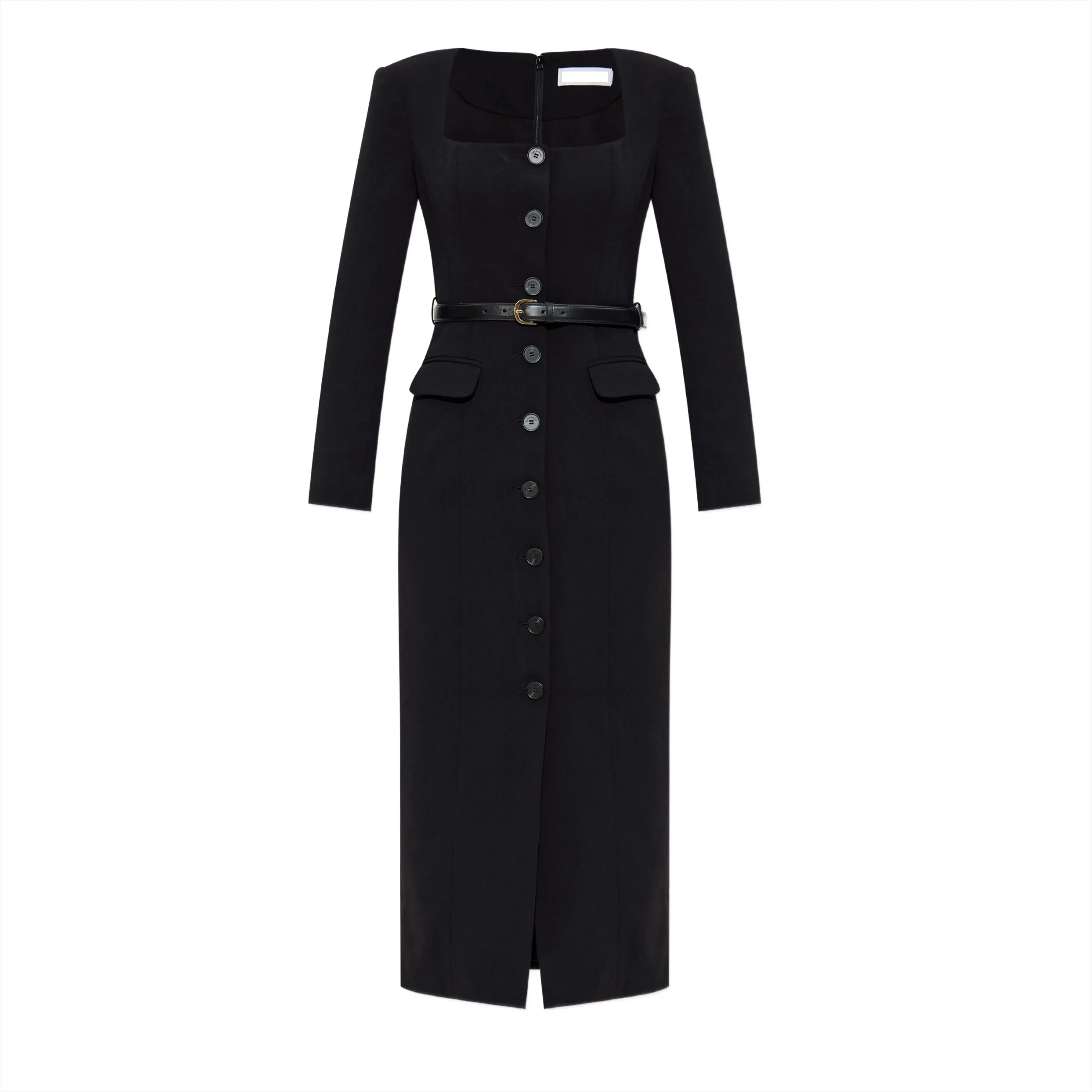 Schwarz Quadrat Kragen Elegantes Kleid Frauen Langarm einreiher Chic Vestidos Bodycon Streetwear Kleidung Dame