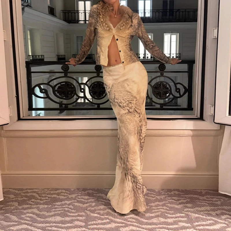 المرأة عادية كم طويل طباعة سليم 2 قطعة دعوى أنيقة أفخم المرقعة تنورة طويلة وتتسابق مثير الخامس الرقبة زر المحاصيل القمم وتنورة مجموعة #3