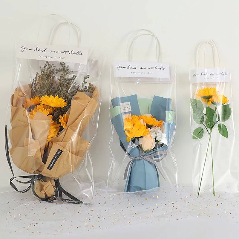 10pcs Transparent PE Long Tote Bag Flower Packaging Flower Bouquet Bags Florist Decoration Celebration Party Gift Pouches