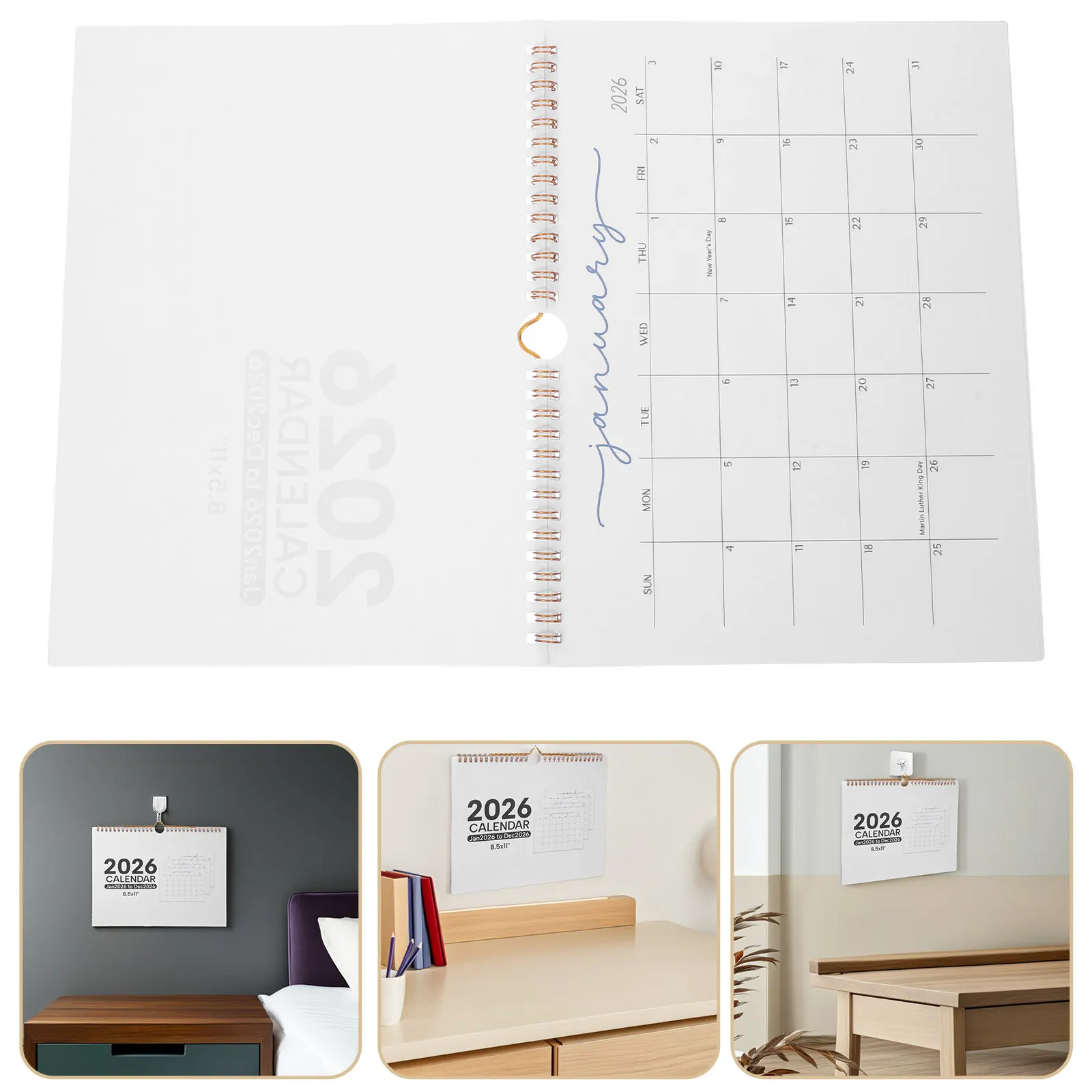 

2026 Yearly Wall Calendar Elegant Spiral Bound 12 Month Horizontal Hanging Planner Ample Date Boxes Family Office Classroom