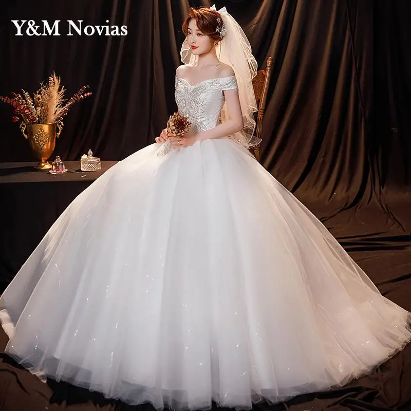 Vestido De novia con cuello Barco, traje De baile con hombros descubiertos, lentejuelas De lujo, talla grande, novedad De 2023