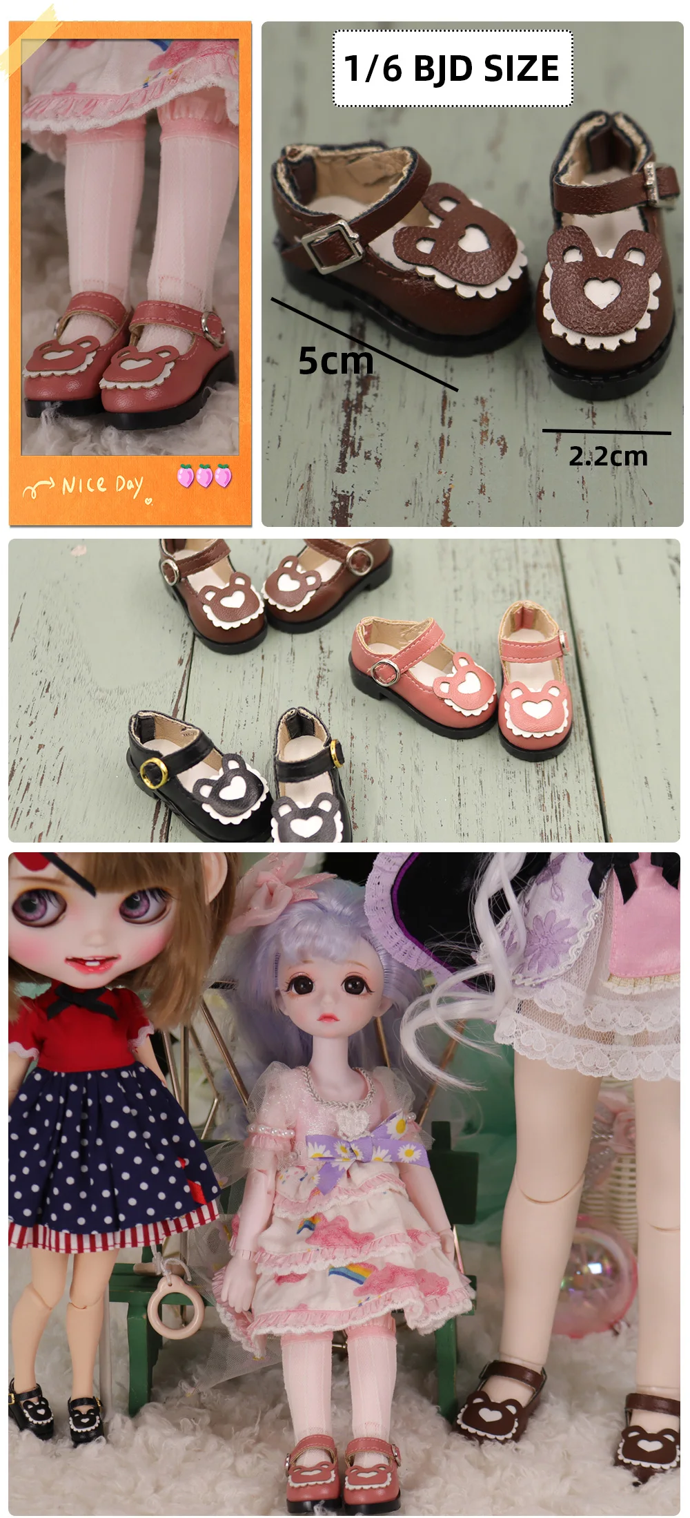 Shoes for ICY DBS Blyth Doll Lovely Bear Shoes for 1/6 and 1/4 BJD 30cm Anime Girl OB24