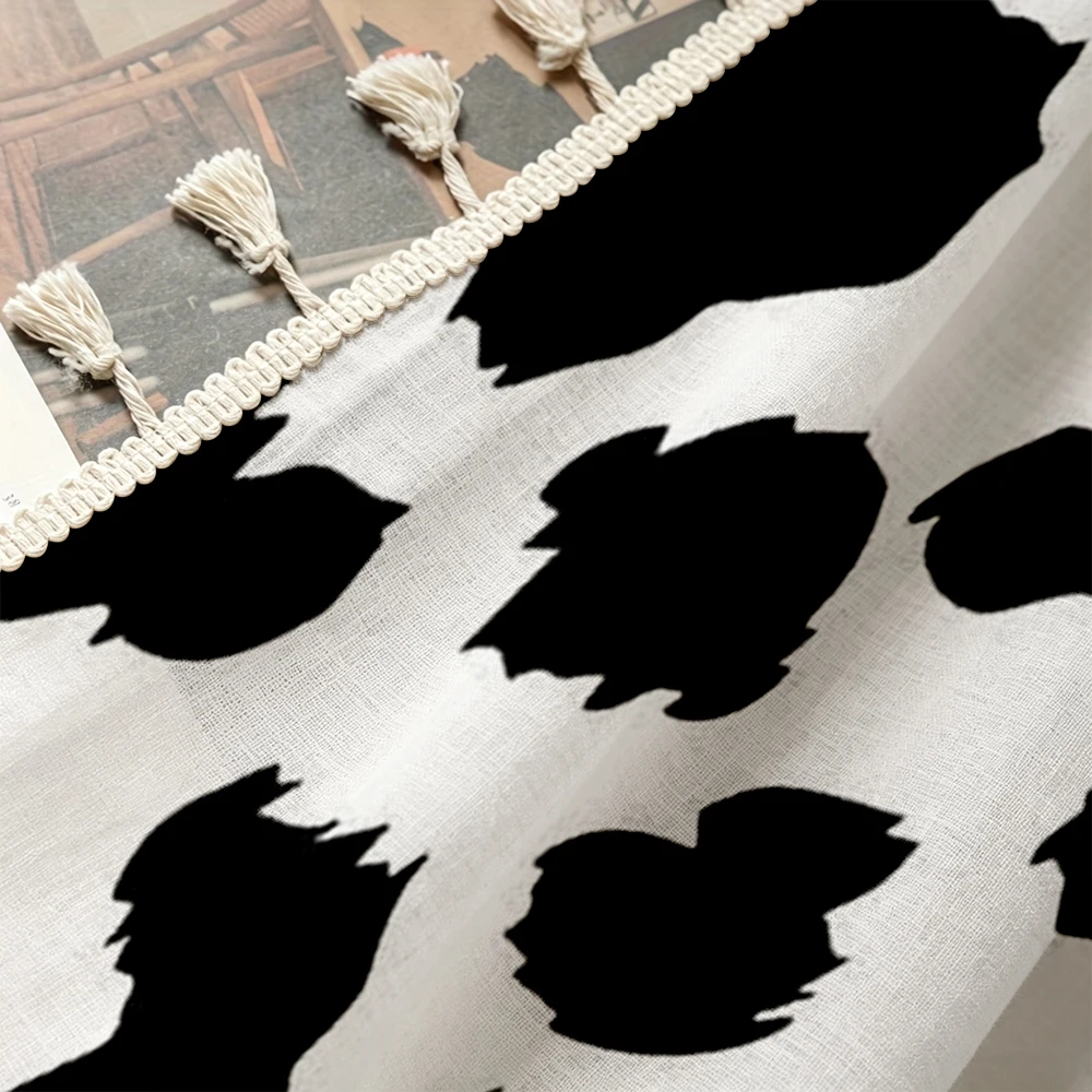 1PC Animal Tassel Sheer Curtains, Cow Print Spots, Digital Print, Linen Polyester, Bedroom Living Room Kitchen, Home Decor