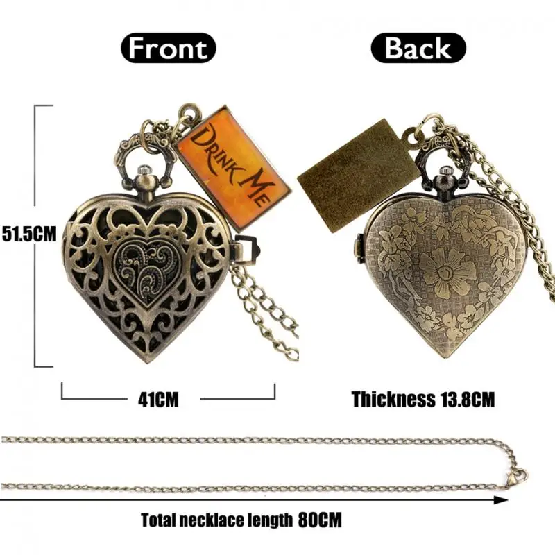 Antique Bronze Themed Love Heart Shape Hollow Case Design Necklace Quartz Pocket Watch Chain Pendant with Drink Me Tag Accessory