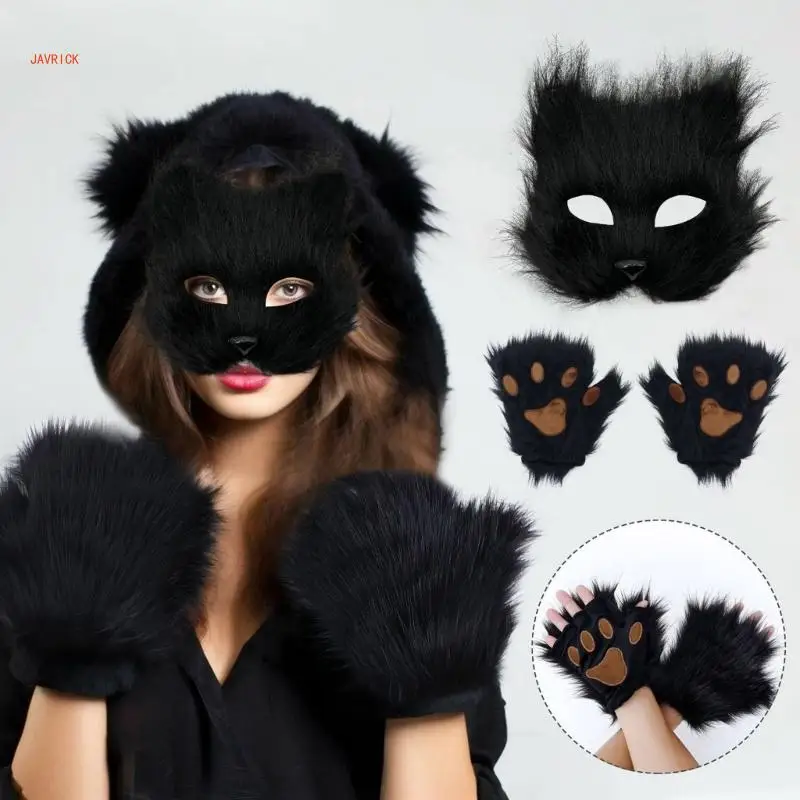 N1he máscara raposas gatos, máscara animais raposas com patas, luvas therians, conjunto máscara luvas para festa