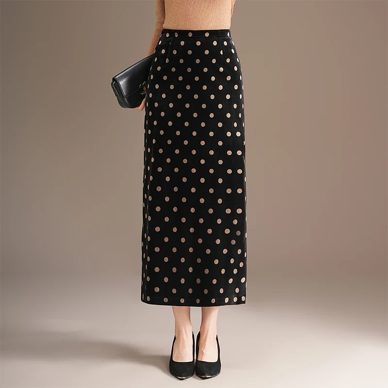 

Ретро-юбка из золотистого вельвета в горошек с завышенной талией, эластичная, приталенная, прямая, длинная, для осени и зимы, повседневная, для офиса и прогулок