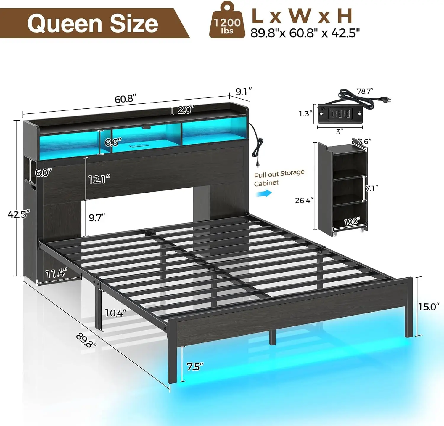 Cadre de lit Queen Size avec bibliothèque, planche de sauna market, rangement de chevet, lit avec station de charge et lumières LED