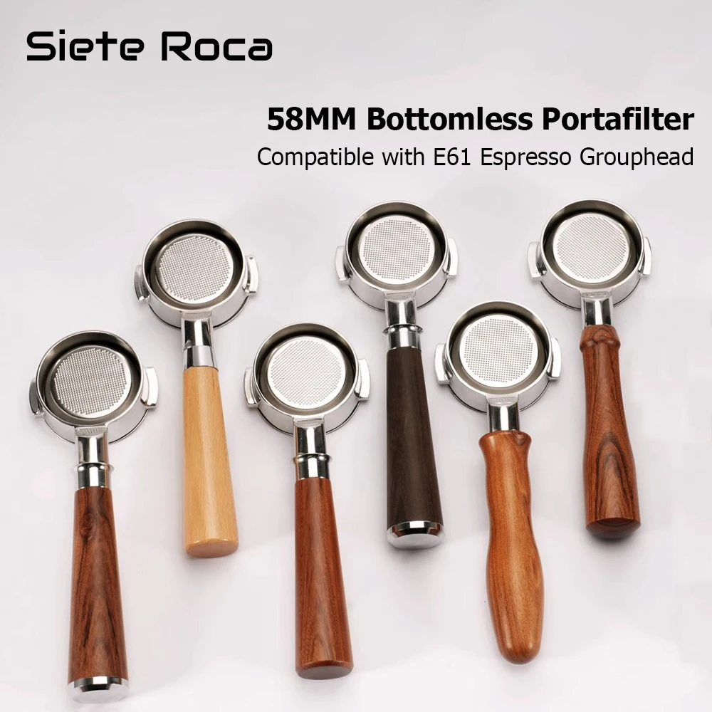 Image of 58 mm bodenloser Kaffee-Siebträger für E61 Grouphead Espressomaschinen, Zwei-Ohr-Kaffeegriff mit Filterkorb, Barista-Werkzeuge