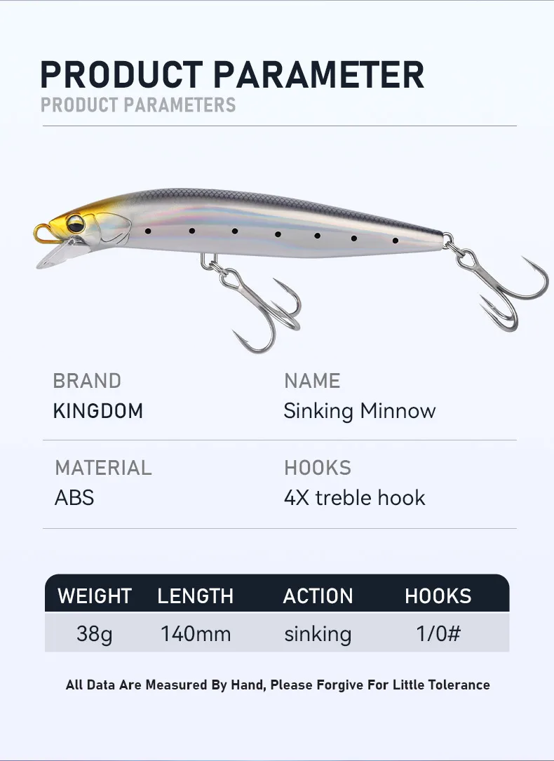 KINGDOM Sinking Minnow Angelköder, 38 g, 140 mm, Salzwasser-Langwurf-Angelköder, künstlicher harter Seebait für Ozean, Seebarsch – Detail 5